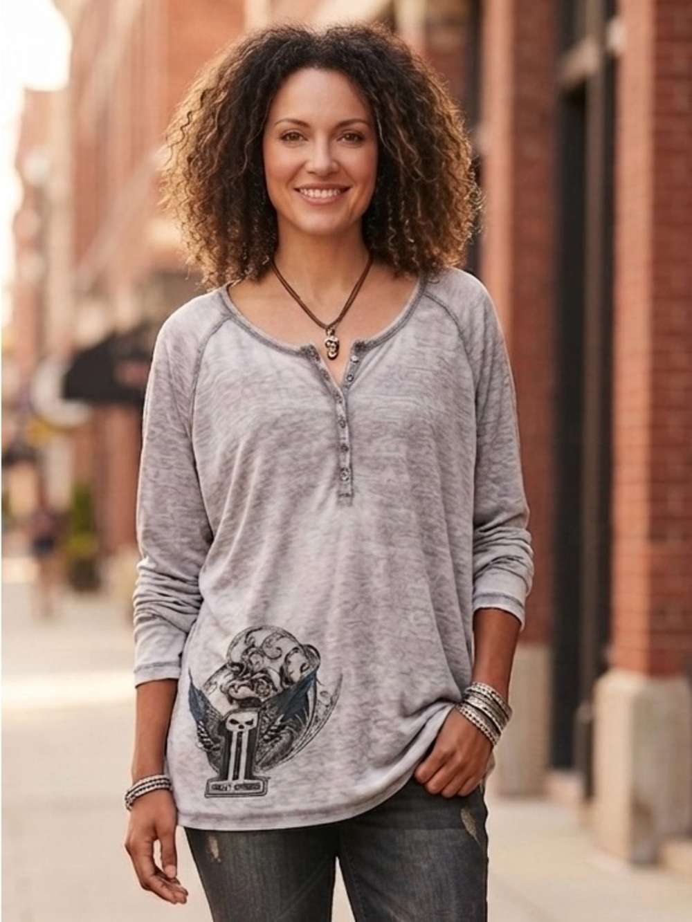 Harley-Davidson Light Gray Long Sleeve Henley with Graphic